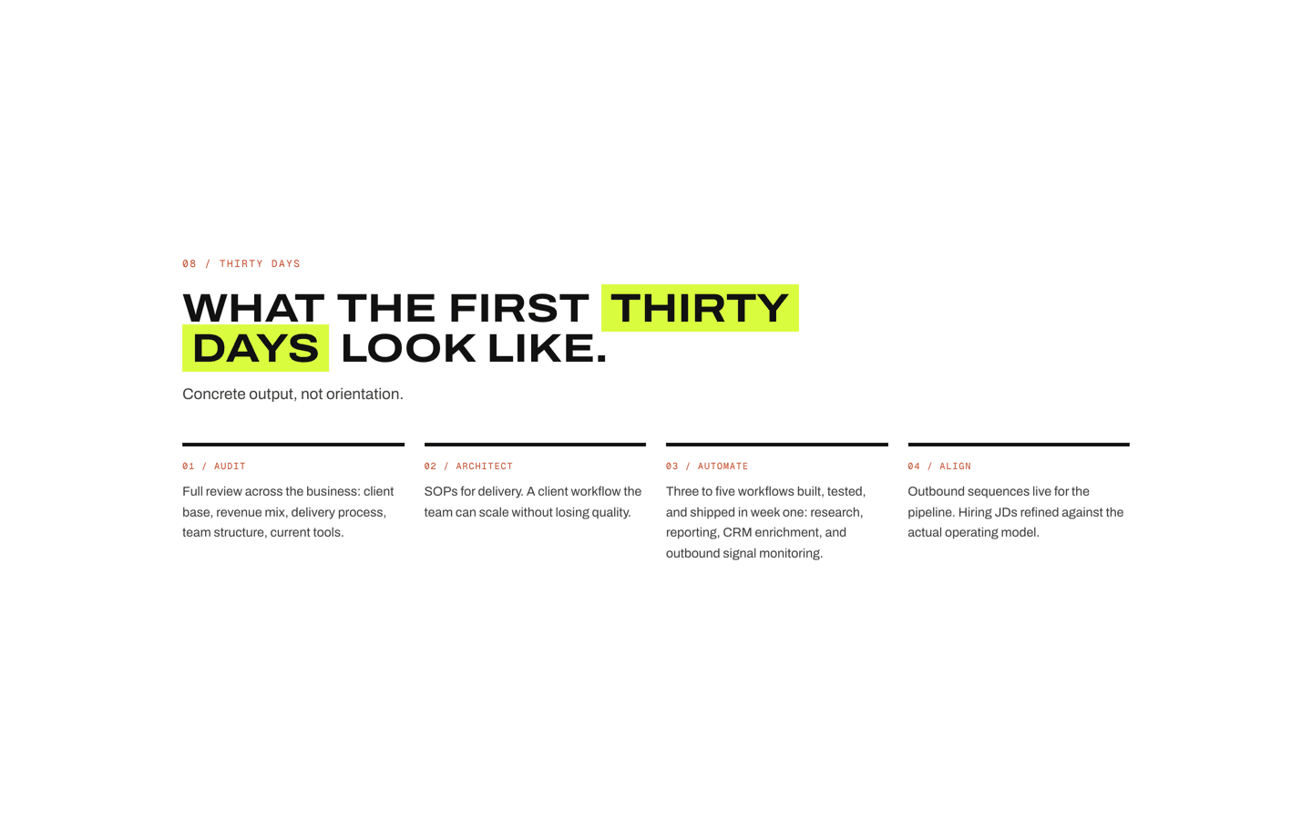 Microsite pipeline deck page with a tailored thirty-day plan