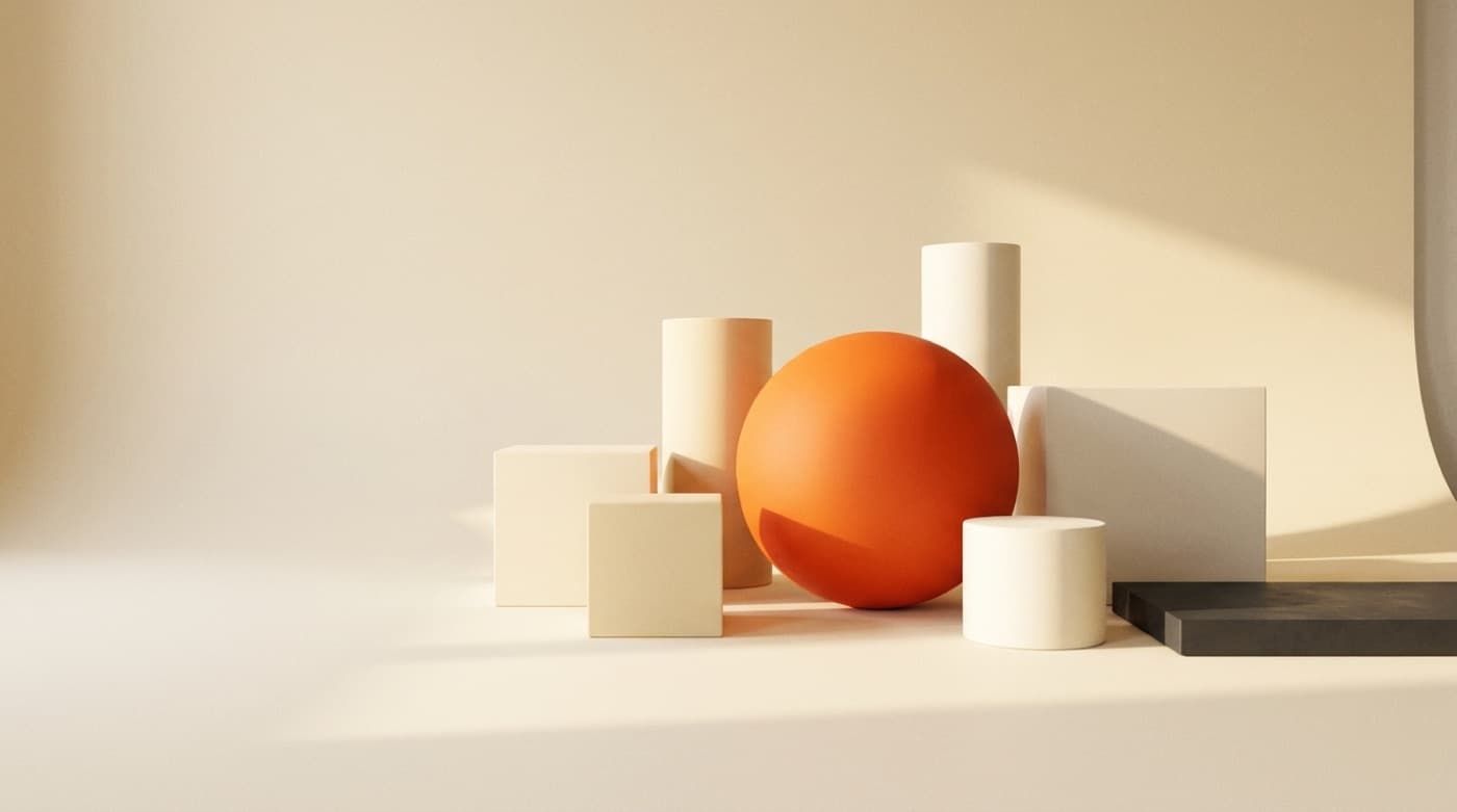 Ad creative artwork, orange sphere among cream shapes
